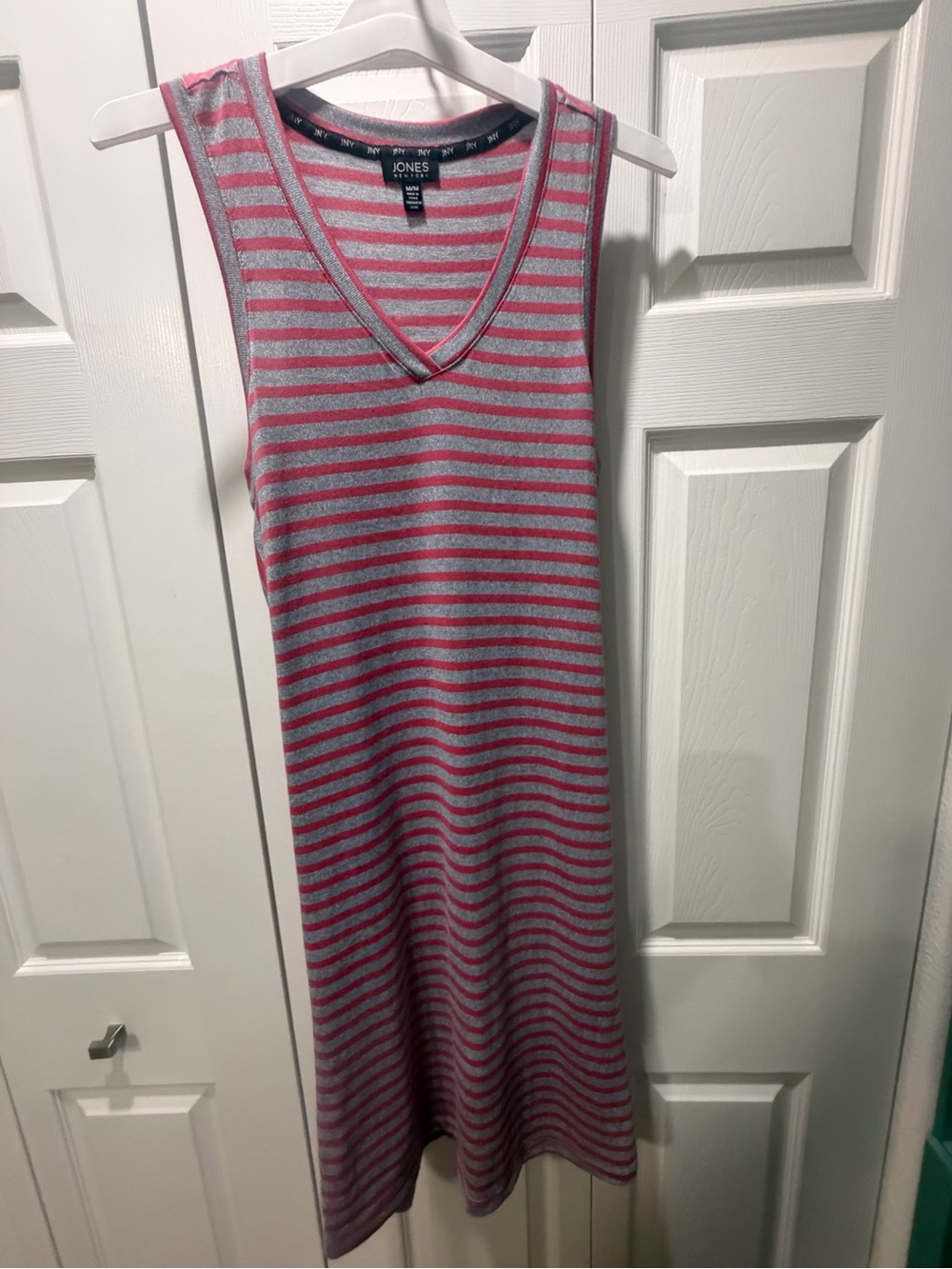 Jones New York Pink and Gray Striped V-Neck Midi Dress